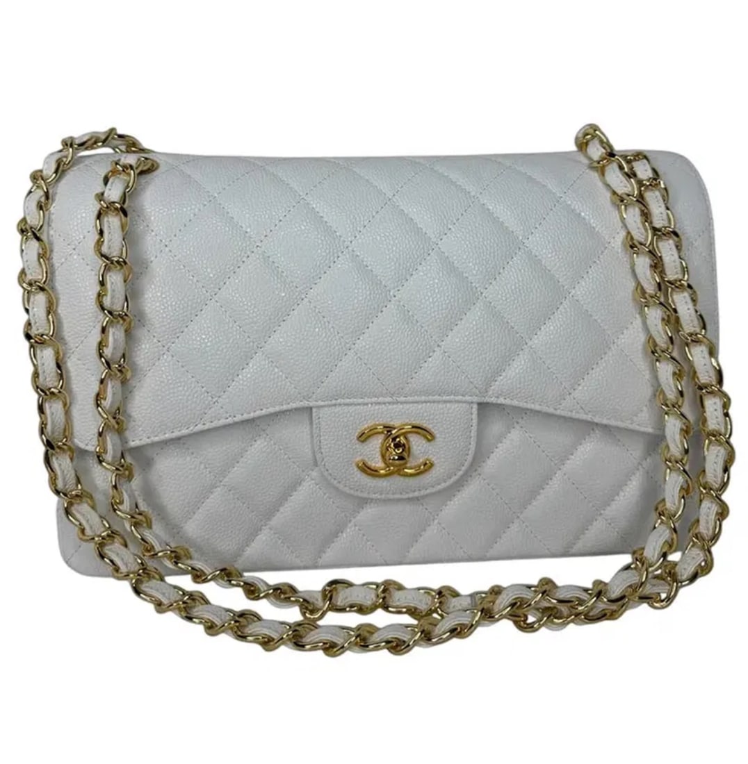 Chanel Jumbo Classic Single Flap Bag White Glitter Patent Leather Gold Hardware (1 of 6)