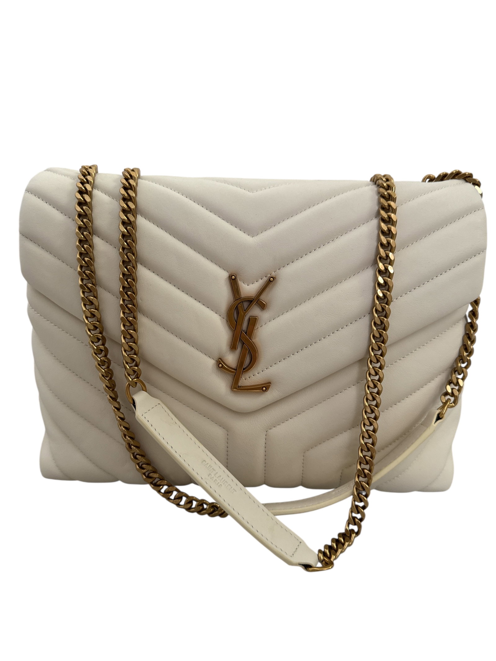 YSL Saint Lauren White Loulou Bag: Size: 9 in x 7 in x 3.5 -Made in Italy- Includes Box and dust bag. Shipping only. In good condition. All sales are final,please inspect all the items before bidding.