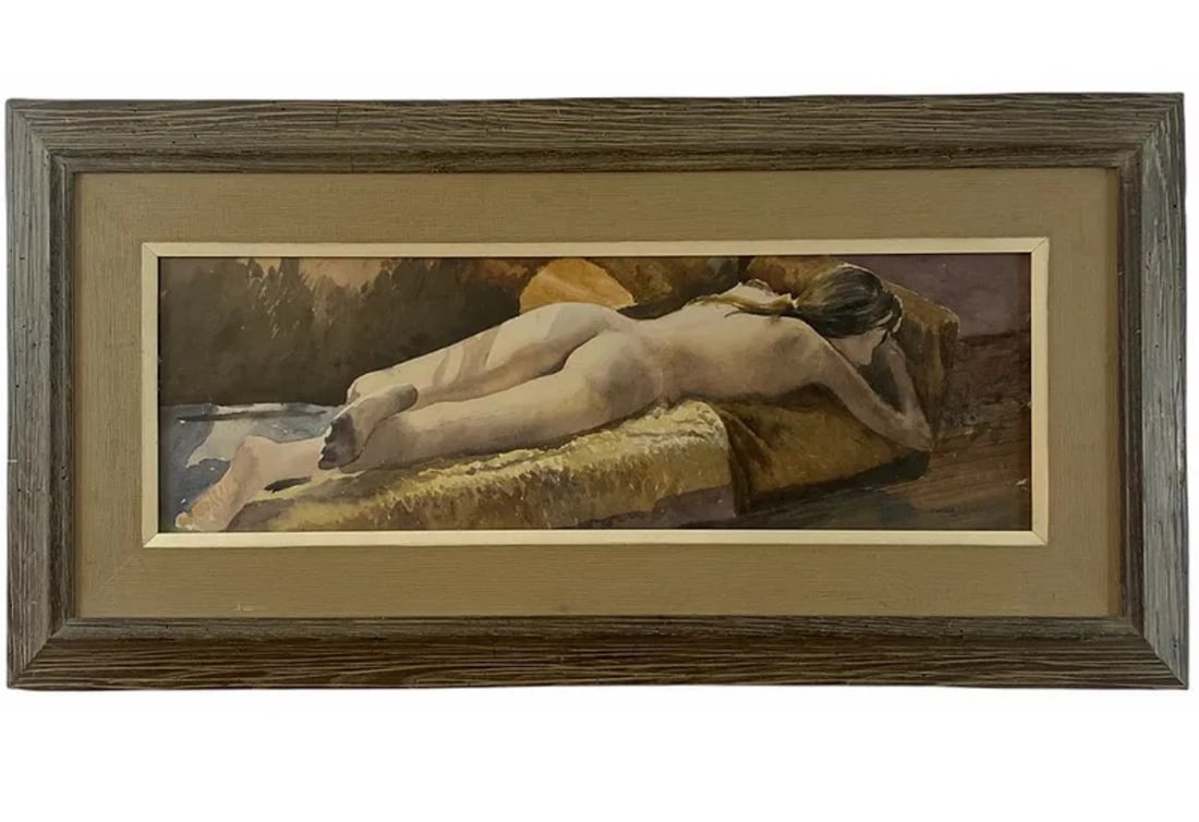 1972 Nude Woman Watercolor by Tom Darrah: Frame: 40 in L x 20 in H - Painting: 29 1/2 in L x 9 1/2 in H -**** Tom Darrah began his artistic journey at the Pennsylvania Academy of Fine Arts, the Fleisher Art Memorial, and the Hussian School of