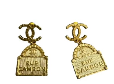 Chanel Rue Cambon Gold Tag Earrings