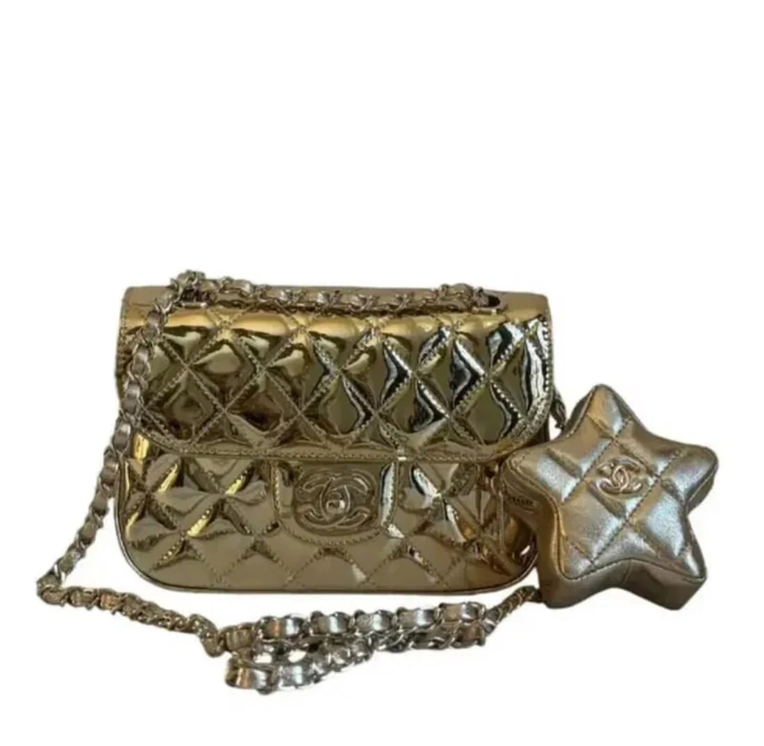 Chanel Metallic Calfskin Quilted Hollywood Boulevard Mini Flap With Star Coin Purse Gold (1 of 5)