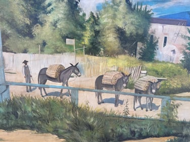 Large Oil Painting Donkeys in a Small Town