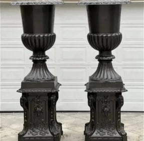 Pair of Monumental French Iron Urns and Pedstal