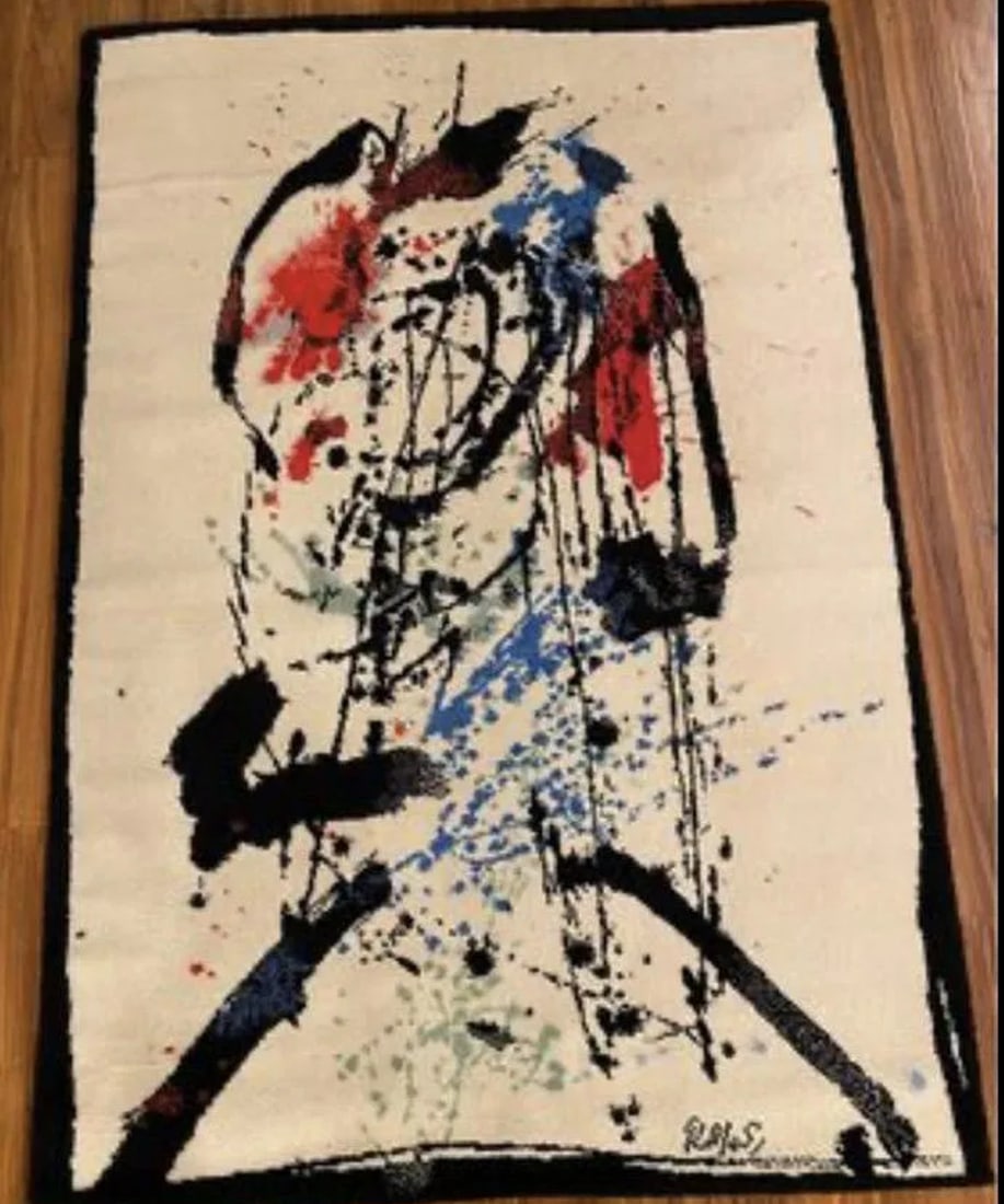 Robert Jacobsen Abstract Rug: Measurements: 4â€™7”x 6â€™7”Beautiful and Extremely Artistic Vintage Scandinavian Ege Art Line Robert Jacobsen Rug, Artist Robert Jacobsen is best known for his abstract pa