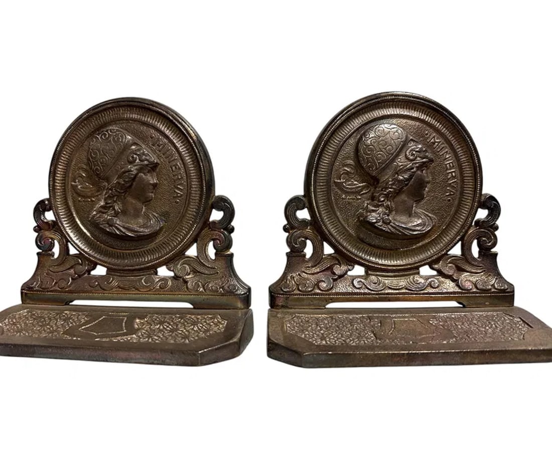 Pair of Antique Silver Minerva Bookends: Size: 6 in x 6 in x 3 in