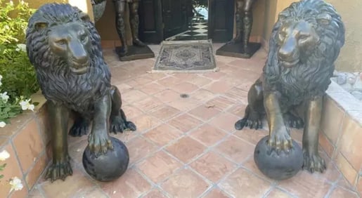 Monumental Pair of Life Size Bronze Lions Sculptures