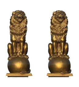 53 in H Pair of Bronze Lions Sculptures