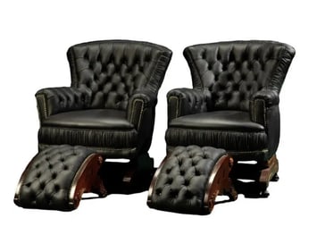French Rockers & Footstools Upholstered In Black Leather