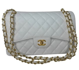 Chanel Jumbo Classic Single Flap Bag White Glitter Patent Leather Gold Hardware