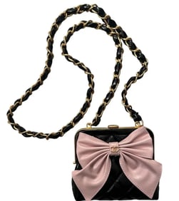 Chanel Mini Clutch with Bow Crossbody Bag Black Shiny Lambskin and Pink Patent Crumpled Lambskin Ant