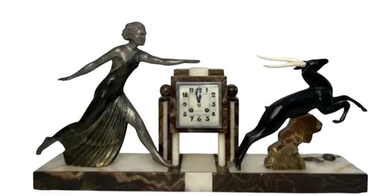 Large Art Deco Woman and Antelope Clock Sculpture