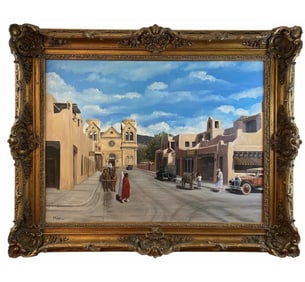 1983 - Huge Oil Painting Old Town Santa Fe by J. R. Lusk