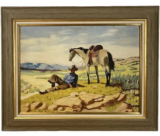 Horse and Cowboy Oil Painting by E. Wallac