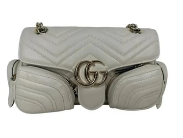 Gucci Women's White Gg Marmont Small Pocket Detailed Shoulder Bag