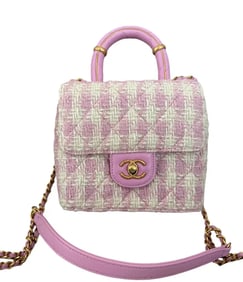 CHANEL Pink Quilted TWEED CRUSH TOP HANDLE FLAP SATCHEL