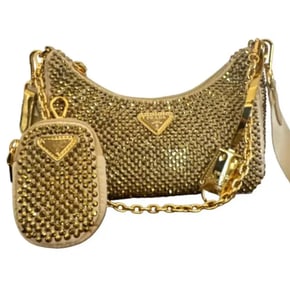 Prada Re-Edition 2005 Satin Crystal Platinum Gold Shoulder Bag