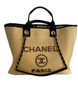 Chanel Straw Raffia Calfskin Chain Medium Deauville Tote Beige Black