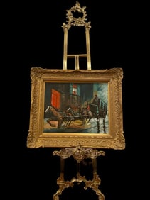 Carriage Horse Scene Oil on Panel Painting