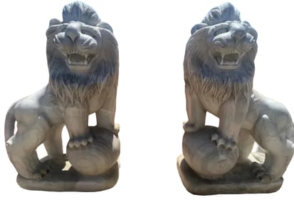 Pair of Life Size Marble Lions Sculptures