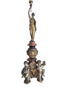 Monumental Bronze Lamp Goddess Cherrubs and Grapes