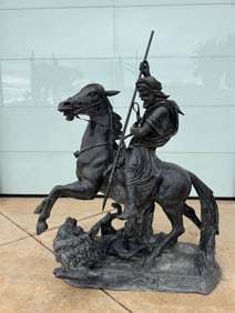 Large Hunter on Horse Bronze Sculpture