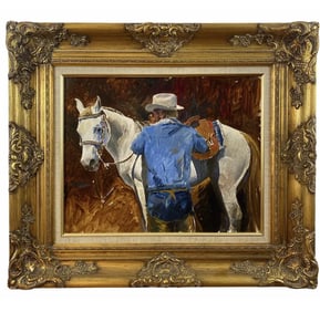 Portrait of a Cowboy with horse Oil Painting on Panel