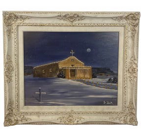 1988 Western Adobe Church Oil Painting by J. Dolk
