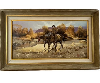 Cowboy and two horses Western Oil Painting by Hector Morales