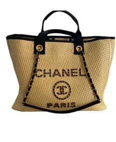 Chanel Straw Raffia Calfskin Chain Medium Deauville Tote Beige Black
