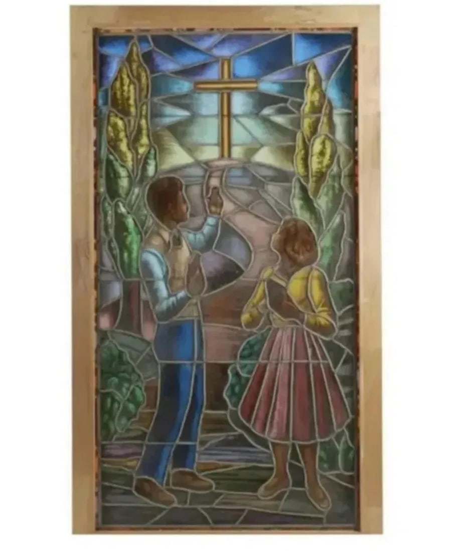 20th Century Religious Stained Glass Window: ize: 71 in h x 44 W in