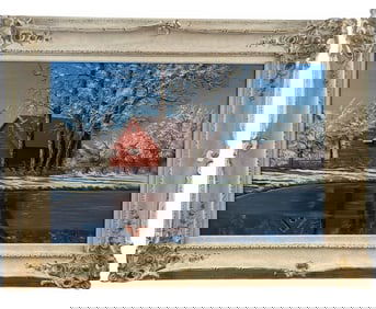 Red Winter Cabin  Oil on Panel Signed