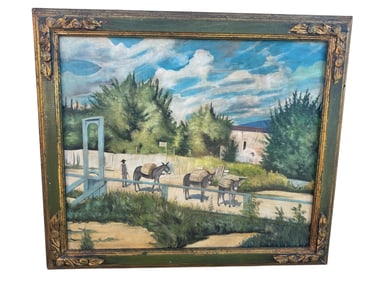 Large Oil Painting Donkeys in a Small Town