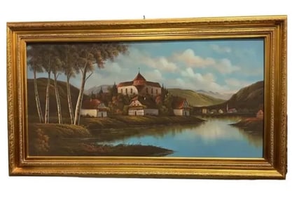 Landscape Castle Village Lake Oil PAINTING