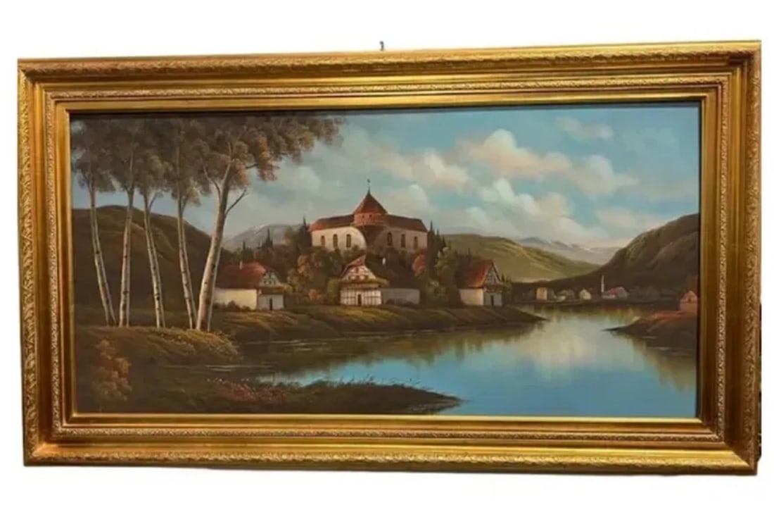 Landscape Castle Village Lake Oil PAINTING: Size:56 in x 32 in
