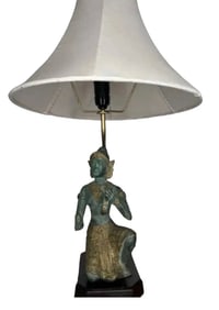 Large Bronze Statue Lamp Featuring Kneeling Playing Musical Instrument 1960