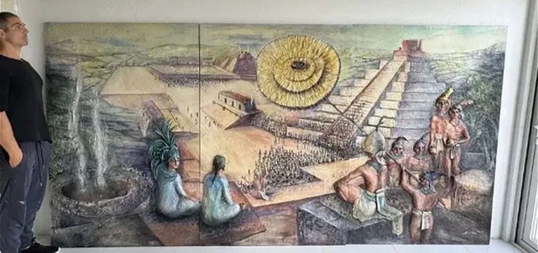 1992 Huge Mexican Art Painting Mayan Aztec Culture and Pyramids: Measurements: 60 in H x 15 inches