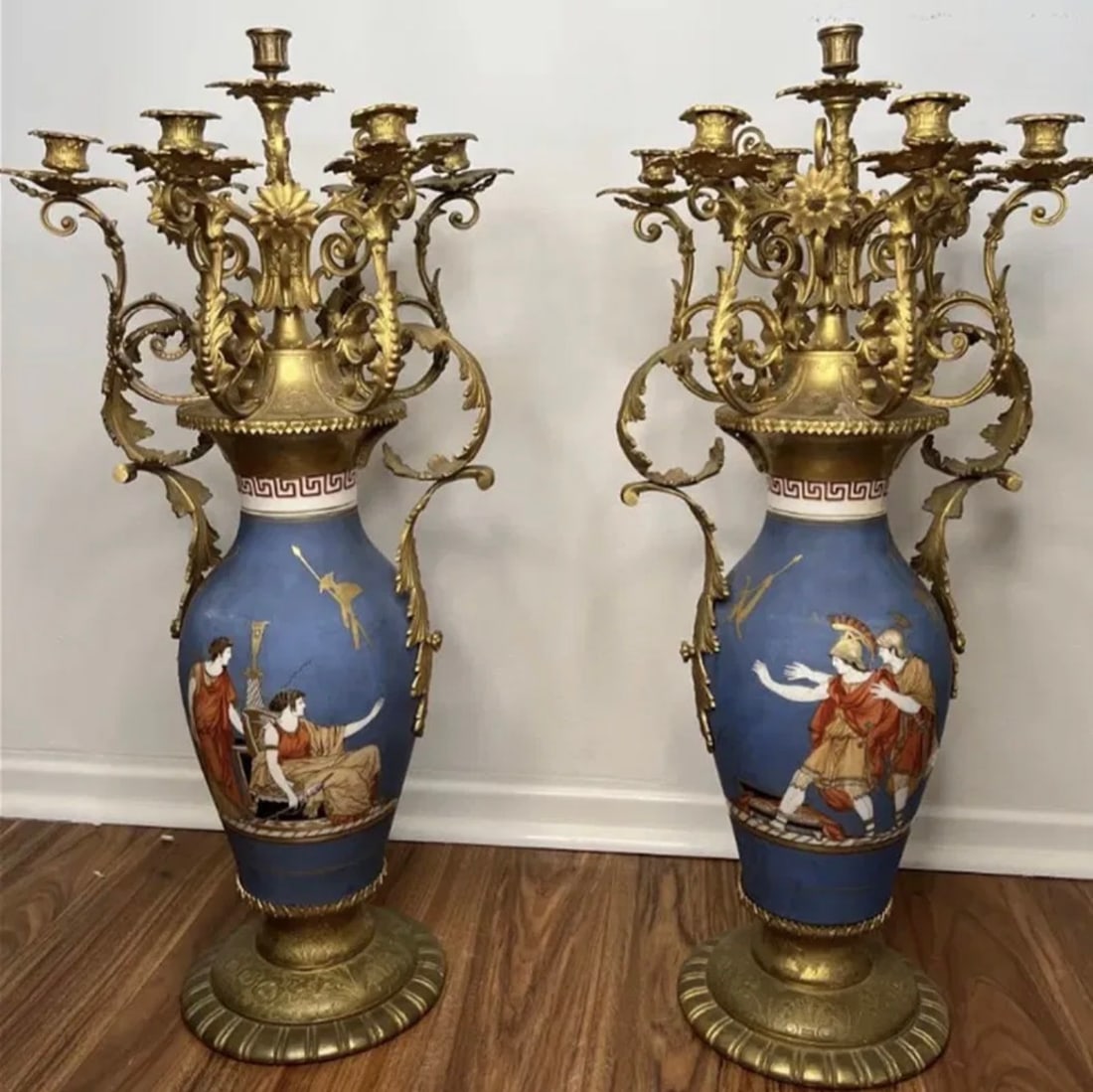 Large Fine Porcelain and Brass Roman Candelabras Set: Measurements: 32 in H - 15 in