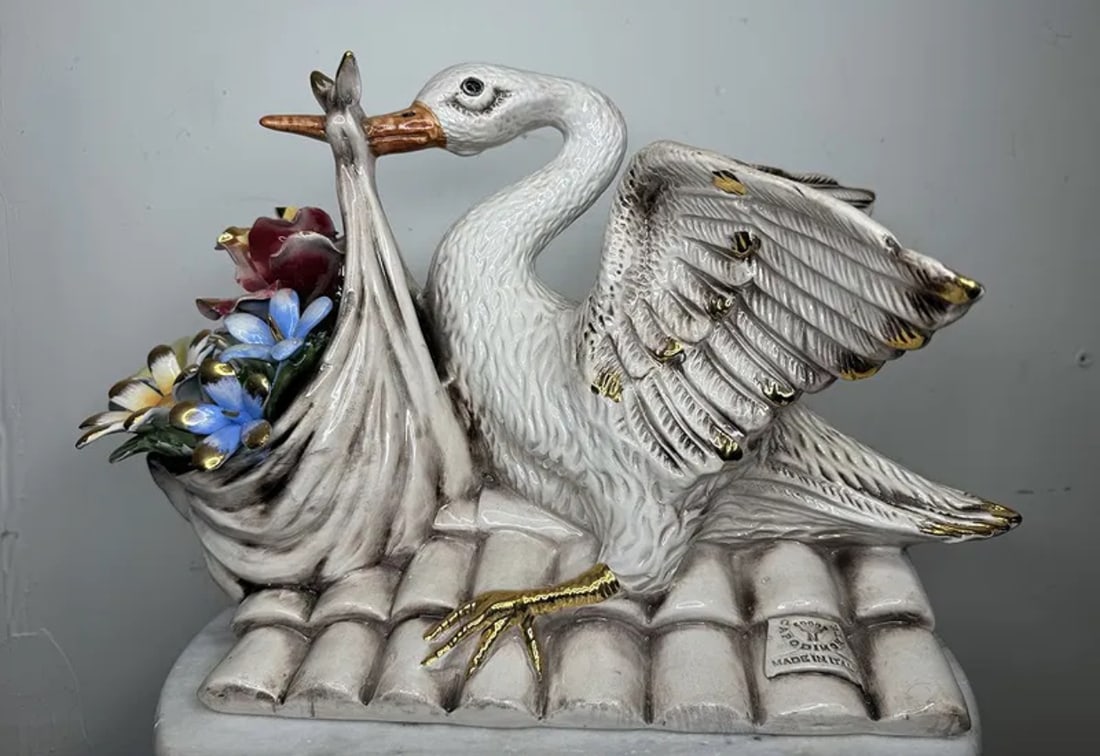 Large Italian Capodimonte Stork with Flowers: Size: 20 in x 12 in 7 in