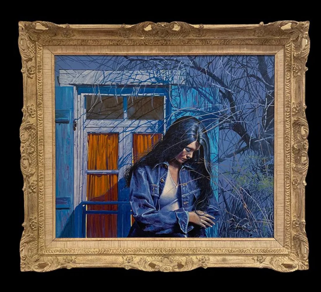 1985 South Western Moonlight Native Girl by Lawrence B. Porter Painting: Framed: 32 inches Lx 28 in H Painting: 23 1/2 by 19 1/2 Born: 1929 - El Paso, TexasKnown for: Female nude in western landscape painting, romanticism, decorationName variants: Lawrence Benjamin