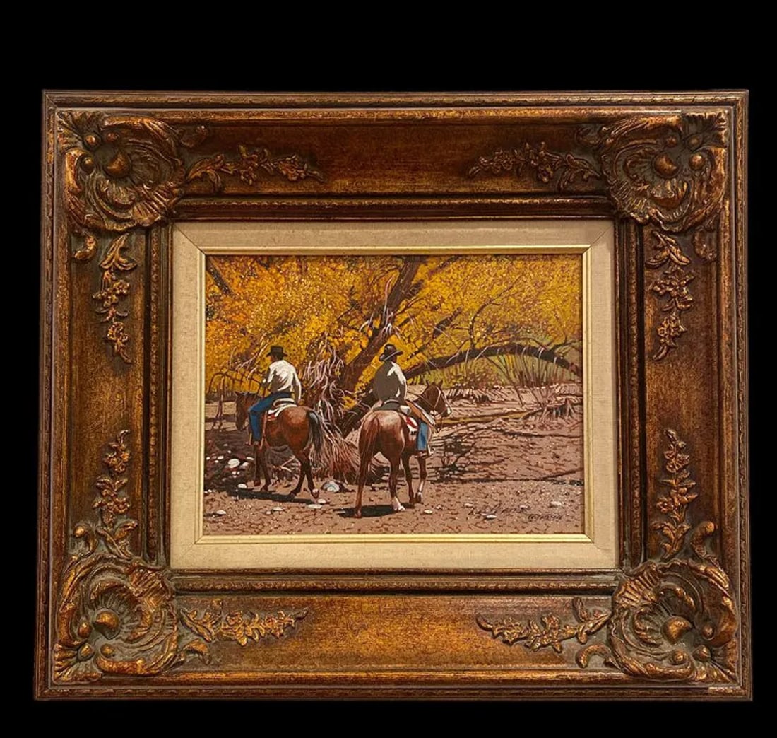 1985 Autumn Riders- Lawrence B. Porter Painting: Oil on Panel - Framed: 22 inches Lx 18 in H in H Painting: 12 in x 9 in Born: 1929 - El Paso, TexasKnown for: Female nude in western landscape painting, romanticism, decorationName variants: Lawrence