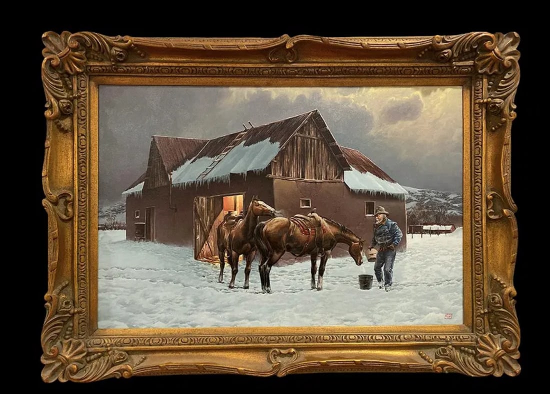 Western Winter Oil Painting by Hector Morales: Oil on Canvas - Framed Measurements : 44x 33 in - Only painting 35 1/2 x 23 1/2