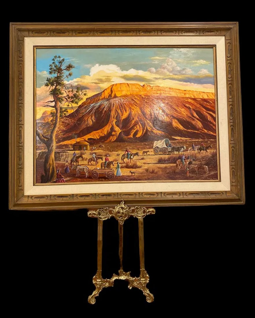 1989 After the Sing Native Village by Maurice Green: Oil on Panel -1980 -Signed. Measurements: 51 in L x 41 in H (Framed) - Only Painting: 40 in L x 30 in