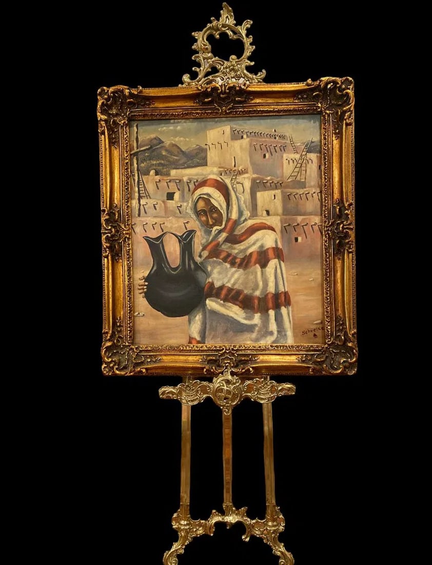 Schuelke Navajo Native Town Oil Painting: Size:31 in x 28 in