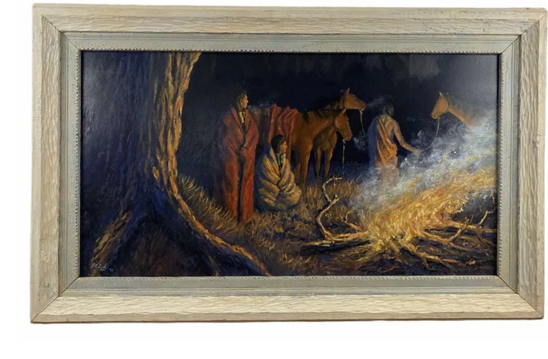 1992 Native American Oil Painting on Panel by J. R. Lusk: SIZE:53 IN X 33 IN