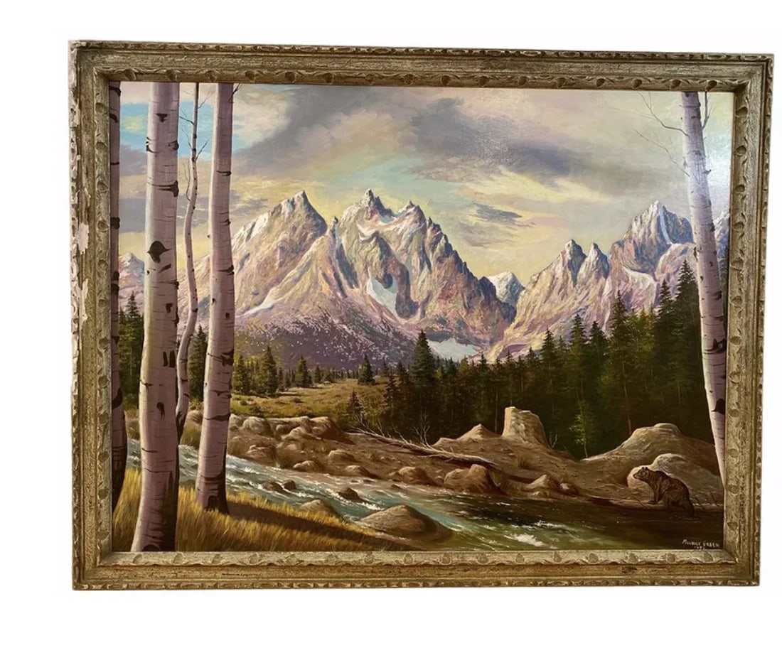 Landscape Oil on Panel Oil Painting by Maurice Green 1982: Original hand Oil Painting on Panel - Frame 53 L x 41 in H