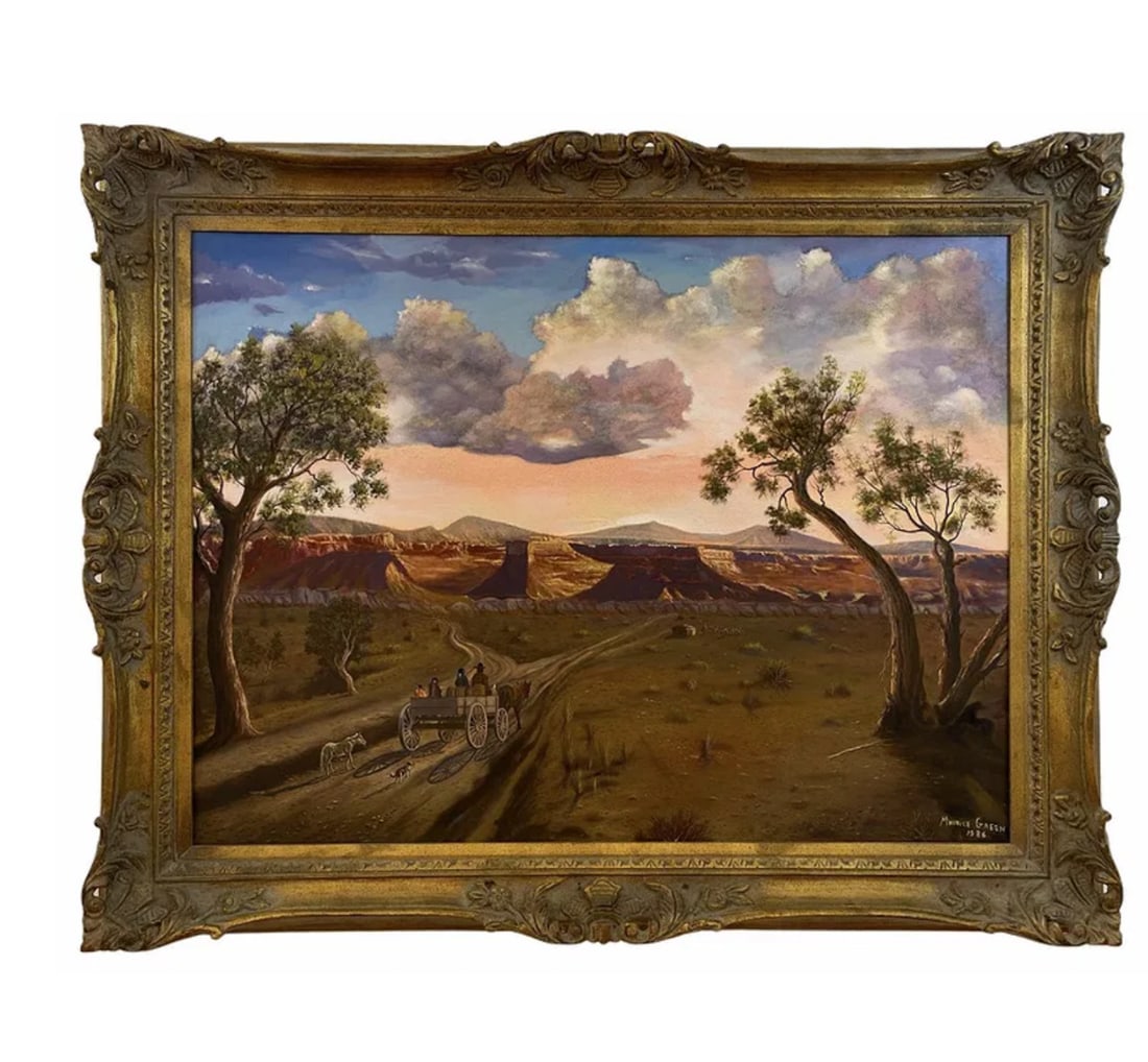 1986 Moving through Grand Canyon Landscape by Maurice Green: Canvas on Panel -Arizona landscape- Original hand Oil Painting on Panel - Frame 48 x 38 in H