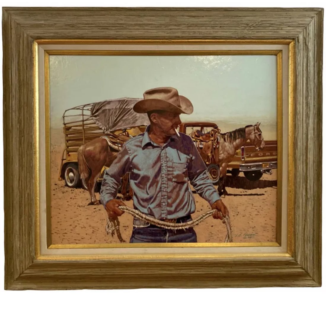 Cowboy Western Oil painting by L. B Porter: Oil on Panel - Frame: 34 in H x 30 -