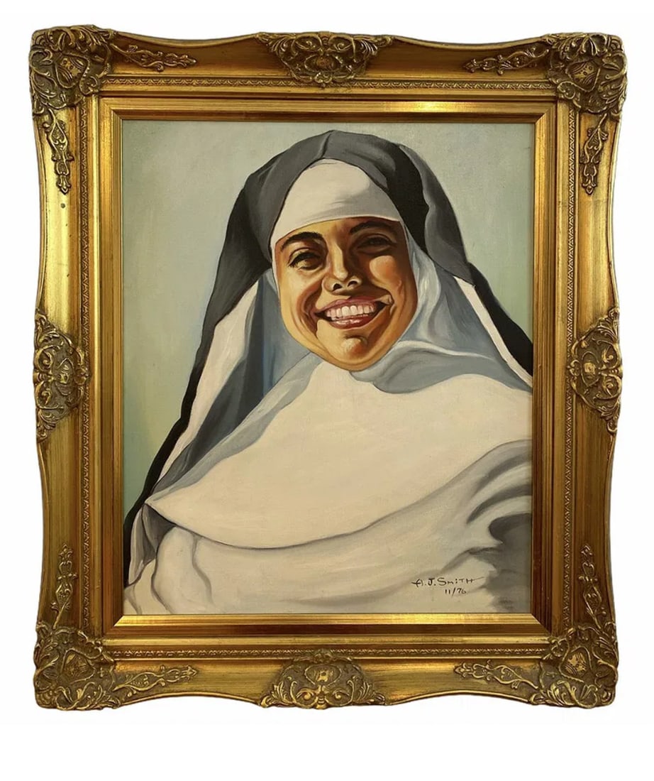 1976 Nun Portrait Oil on Canvas by A.J. Smith: Frame: 31 In H x 26 L