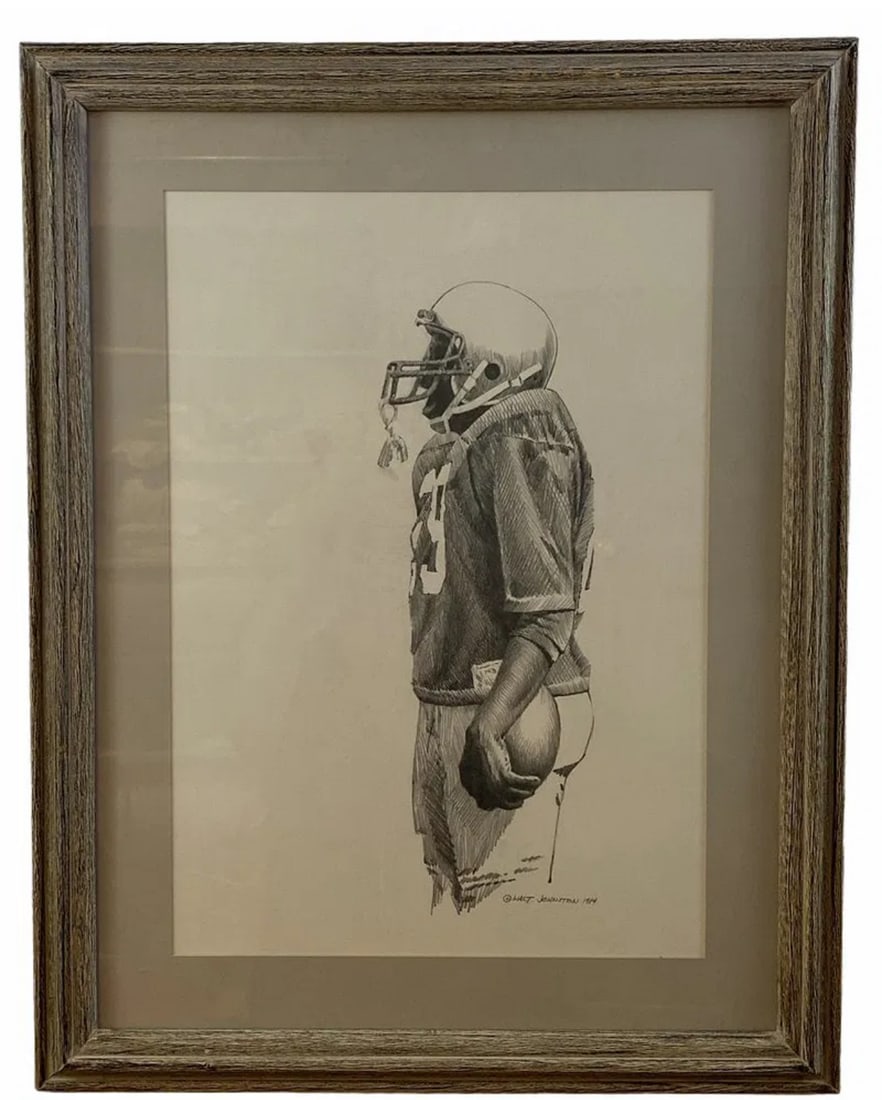 1984 American Football Pencil Drawing Oil Painting by Walt Johnston: Pencil Art -Frame: 27 in L x 21 in H