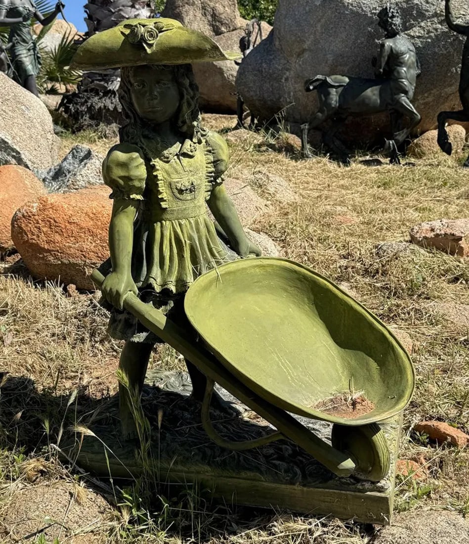 Life Size Girl with Wheelbarrow Bronze Sculpture by Jim Davidson: SIZE: 40 IN X 28 IN 19 IN